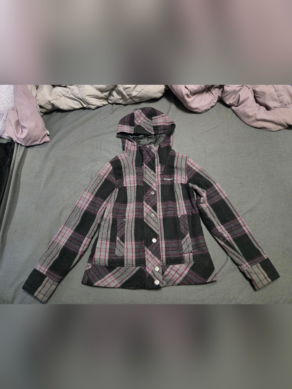 Columbia Hooded Plaid Coat in Gray and Purple